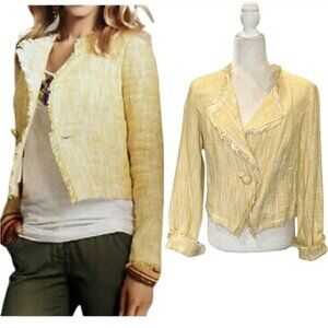 NWT CAbi Daisy Yellow & White Tweed Fringe Cropped Blazer XS
